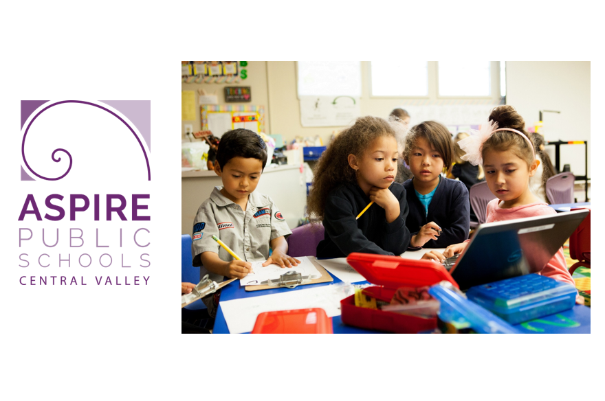 Aspire Central Valley Logo next to photo of students gathered in a group working in front of a computer